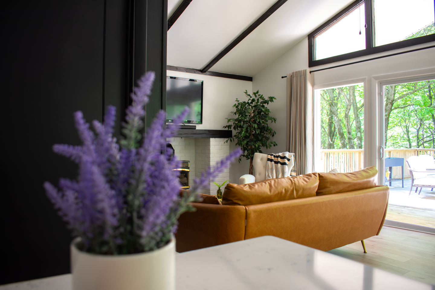 View from the kitchen of living room and outdoor space.